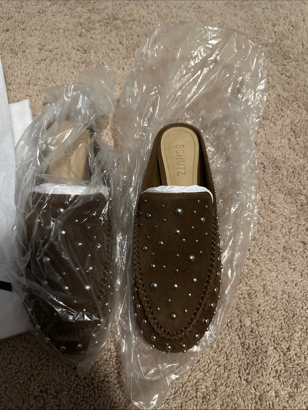 SCHUTZ Brown Suede Studded Slip-On Loafers